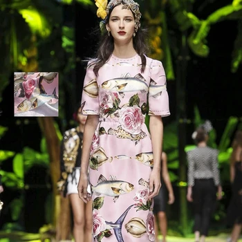 

Width 145CM hot sale fashion Fish and roses digital painting jacquard fabric for dress 40%cotton tissu au meter bright cloth DIY