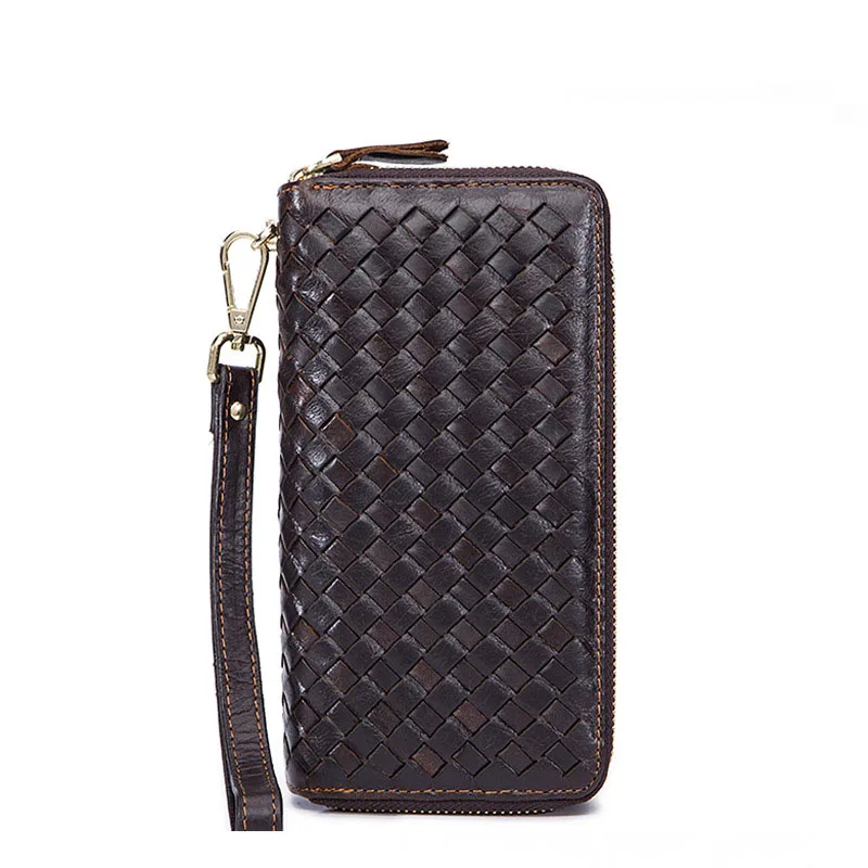 

Luxury brand retro hand-woven men's wallets long Genuine Leather double-zipper large-capacity multi-functional men Clutch bags