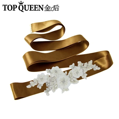 Brown TOPQUEEN S358 пояс с вышитым цветком свадебный пояс с цветком шелковые цветы с Стразы Середина простой цветок свадебный пояс - Цвет: Brown