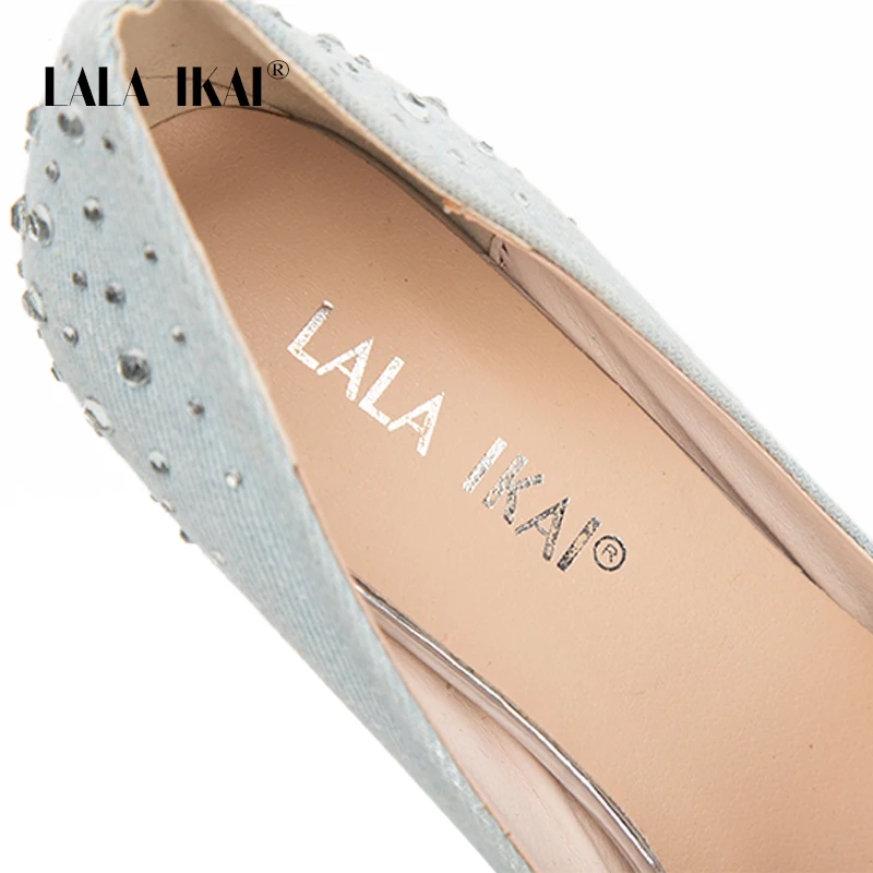 LALA IKAI Ladies Rhinestones Blue Shoes Denim Slip-On Thin Heel Office Party Pumps Sexy Pointed Toe High Heels 014C1859 -49