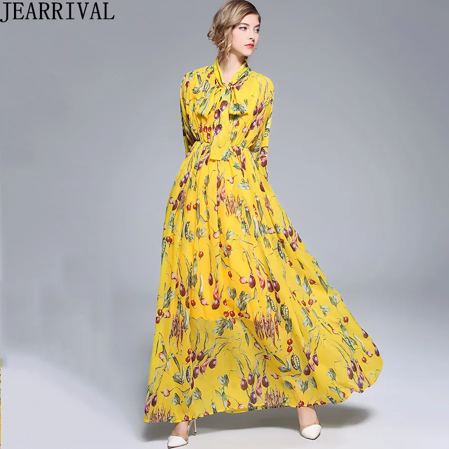 

2018 New Fashion Long Dresses Womens Vintage Printed Bow Collar Full Sleeve Elastic Waist Casual Chiffon Maxi Dress Vestido