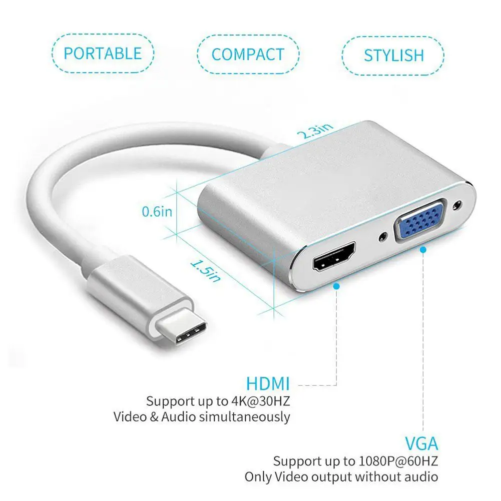USB 3.1 Type C to HDMI VGA Adapter 2 in1 VGA HDMI 4K UHD Dual Screen