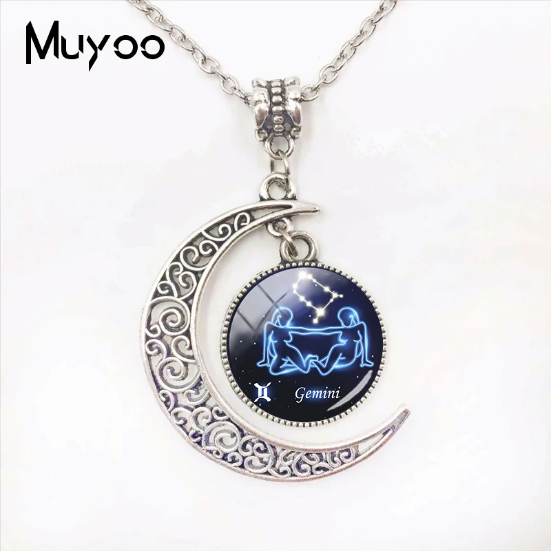 

2019 New Fashion Galaxy Zodiac Signs Moon Pendants Blue Astrology Sign Horoscope Zodiac Signs Jewelry Glass Dome Necklace
