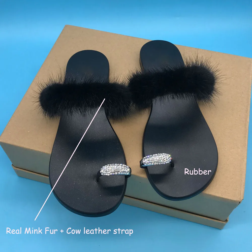 Women Crystal Buckle Slides Shoes Real Mink Fur Cow Leather Strap Flip Flops