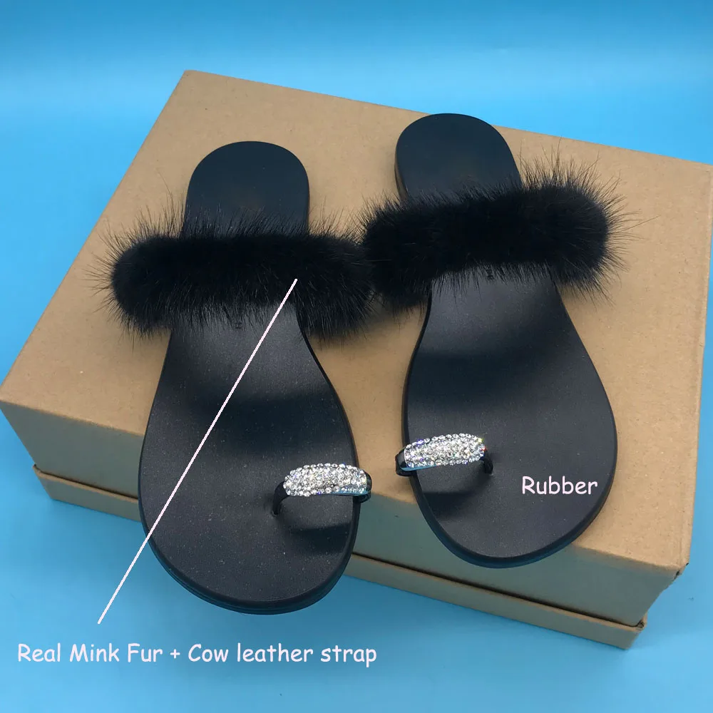 

Women Crystal Buckle Slides Shoes Real Mink Fur Cow Leather Strap Flip Flops