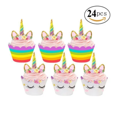 JIMITU 24 шт. милые Rainbow Unicorn Кекс Торт обертки топперы Baby Shower детей День рождения