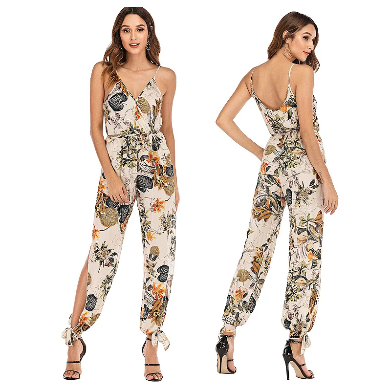 

2019 Cotton Summer Sexy V-neck High-waist Casual Streetwear Jumpsuit Women Clothing Wide Leg Pant Sexy Open Back Sling Jumpsuits
