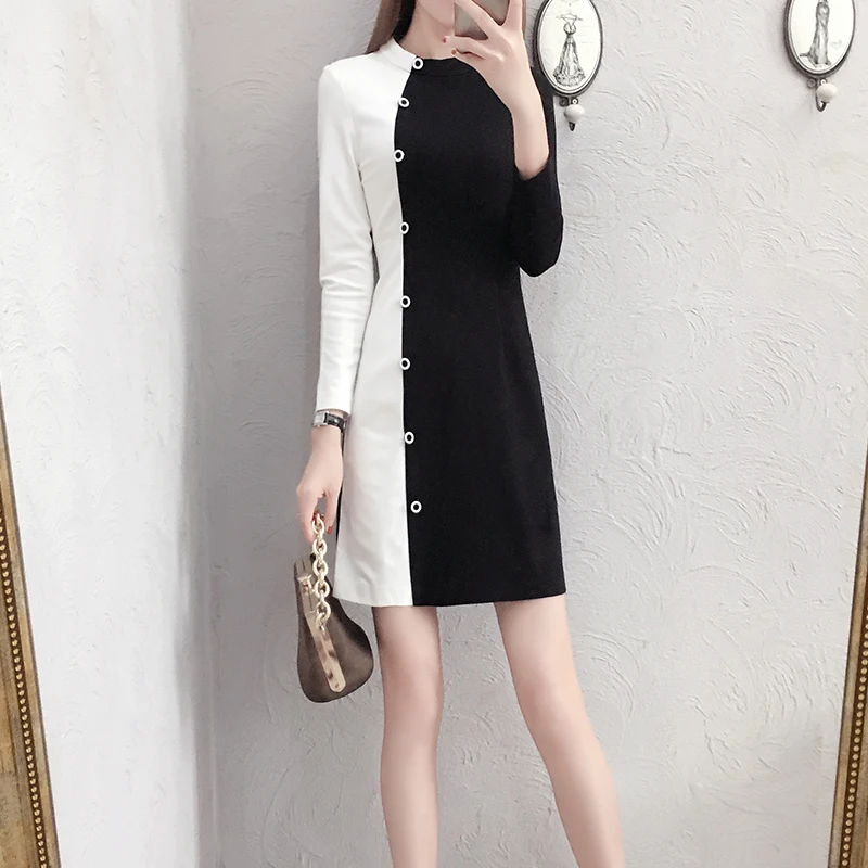 Mode Cou breasted Black De Bouton Robes Femmes A O Design Bureau Z788 Conception Court Unique Bloc Couleur ligne Single U7xnEffw