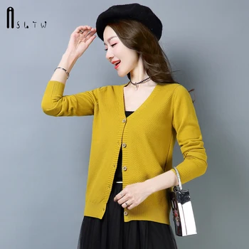 

ASLTW Women's Sweater 2019 Spring V Neck Lady's Sweater Long Sleeve Single Breasted Solid Casual New Cardigan Sweater
