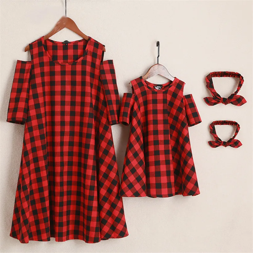 

Family Matching Clothes Summer Plaid Mother Daughter Matching Dresses Family Look Mommy And Me Clothes With Headband