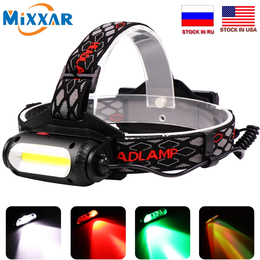 

EZK20 Dropshipping COB Headlamp 8 Mode Red Green Light for Camping Hiking Rotatable T6 LED 10000LM Fishing No 18650 Battery