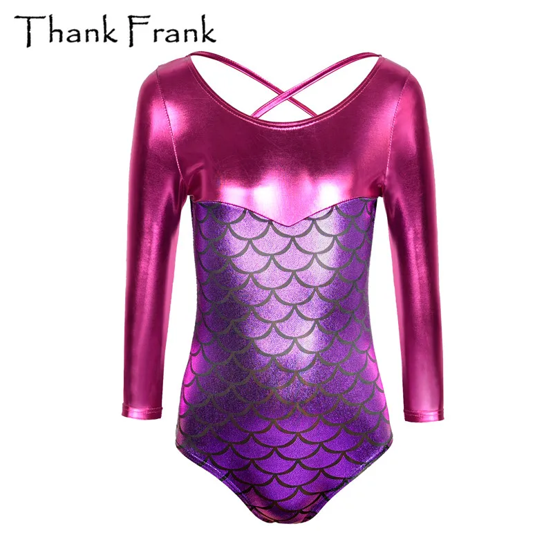 Girls Metallic Gymnastics Leotard Kids Shiny Long Sleeve Ballet Leotards Tolddler Children Adorable Mermaid Costumes TF1012 