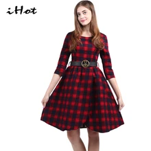 2016 New 3/4 sleeve Fashion British style tartan clothing Women tunic skater Plaid dresses elegant big size Party vestidos robe