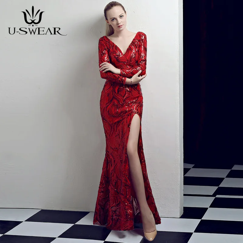 

U-SWEAR Sexy V-Neck Sleeveless Split Long Slim Evening Party Prom Formal Gowns Sequin Dresses Vestidos Robe De Soiree Ceremonie