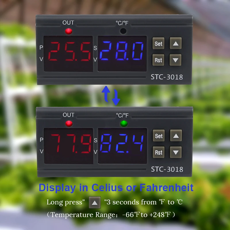 Двойной цифровой регулятор температуры STC-3018 12 В 24 в 110-220 В по Цельсию и Фаренгейту терморегулятор Термостат переключатель