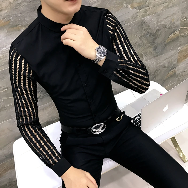 

Spring Autumn New Men Lace Perspective Shirt Party prom Hollow Long Sleeve Tuxedo Shirt Trend Slim Nightclub Casual Social Shirt