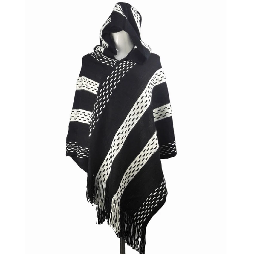 

2018 Boho Girls Black White Hooded Cardigans Women Autumn Winter Knit Acrylic Sleeveless Cape Poncho Sweater PRY004