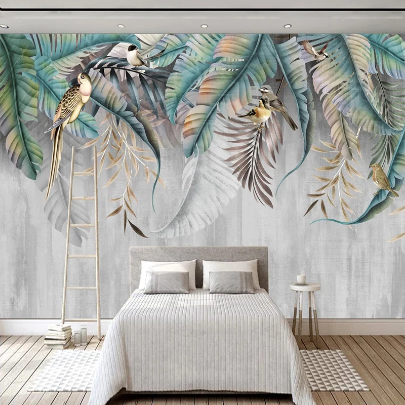 Papel tapiz personalizado de cualquier tamaño, Mural moderno de estilo nórdico 3D con hojas de plantas, foto de aves, Mural para pared, sala de estar, dormitorio, decoración del hogar con Fresco|Papeles pintados| - AliExpress