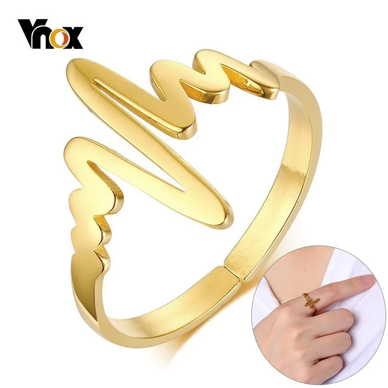 

Vnox Romantic Heart Beat Trace Ring for Women Adjustable 8#-10# Gold Tone Stainless Steel Elegant Electrocardiogram Party Ring