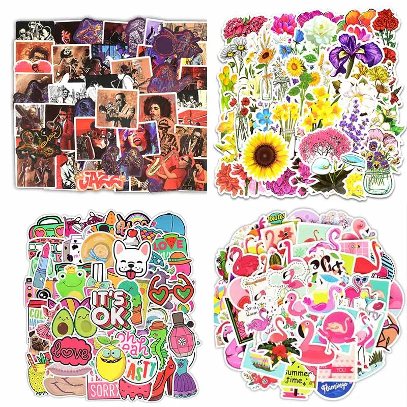 200 Pcs Mixed Flamingo/flower Sticker for Luggage Laptop Decal Toys Bike Car Motorcycle Phone Snowboard Funny Doodle DIY Sticker - Цвет: 200Pcs
