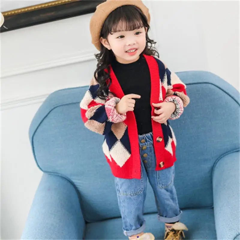 

Baby girl clothes cotton sweater 2018 autumn new Korean children's clothing boy casual cardigan girls diamond lattice sweater