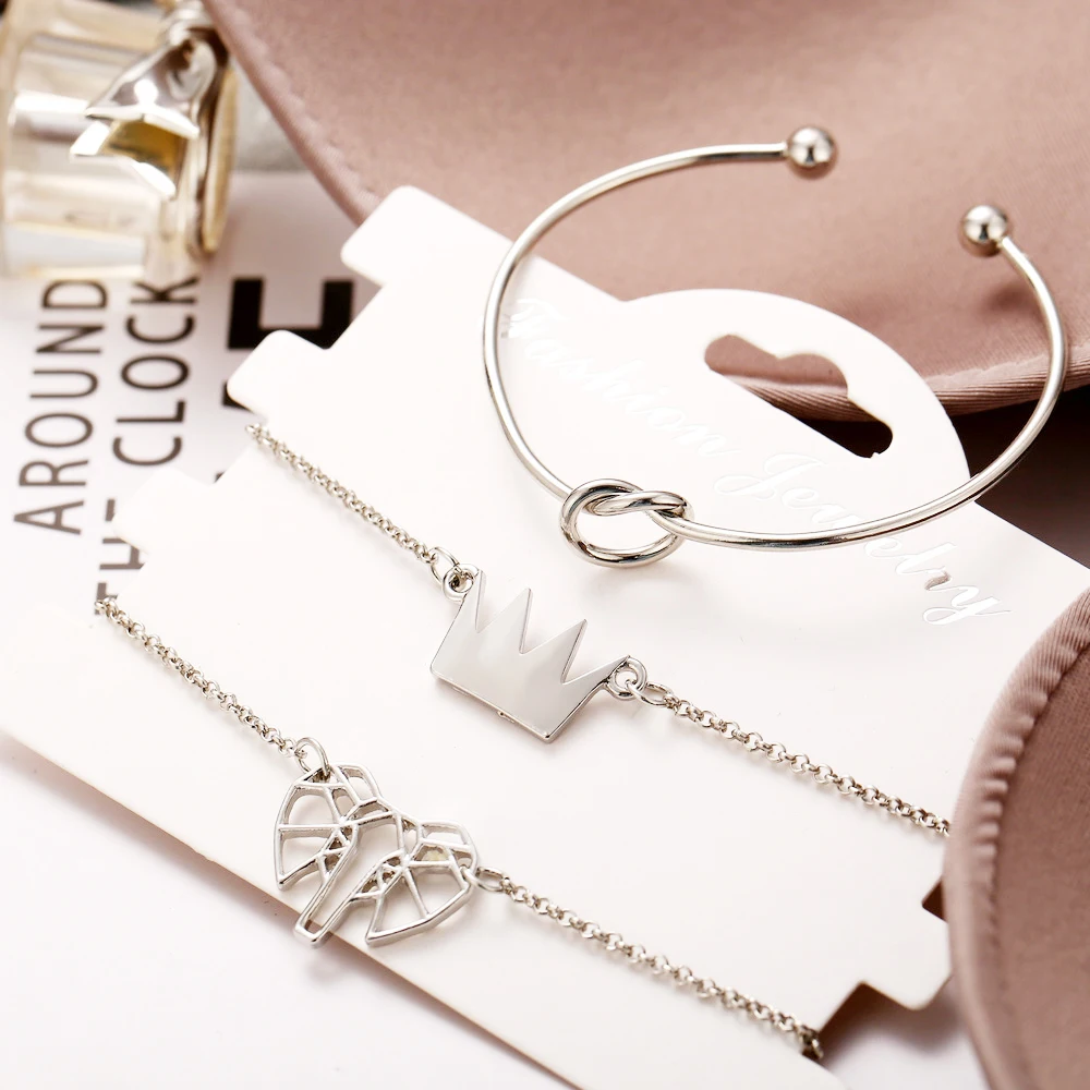 

LuxJuly 3 Pcs/ Set Classic Arrow Knot Round Silver Multilayer Adjustable Open Bracelet Set Women Fashion Party Jewelry