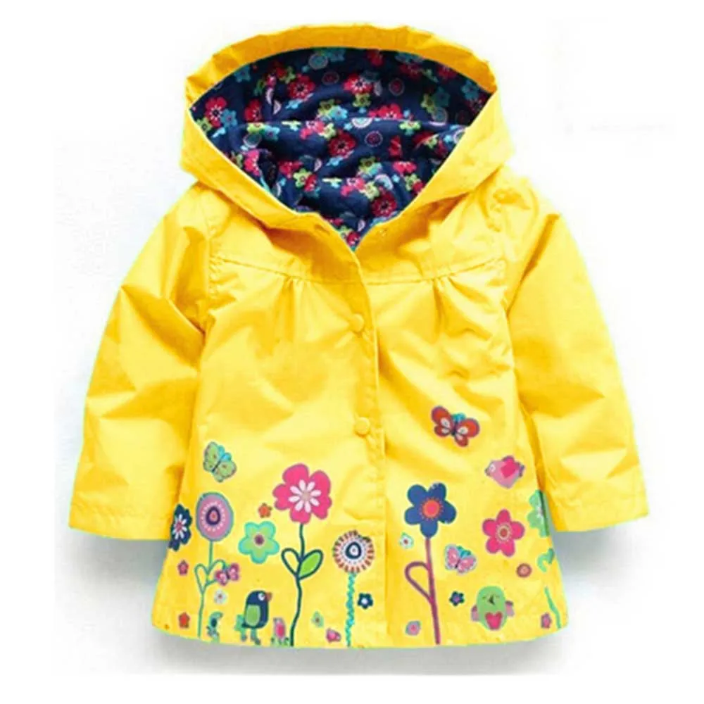 Image New Fashion Toddler Baby Girls Flowers Wind Rain Hooded Jacket Long Sleeve Windbreak Kids Floral Waterproof Ourwear Coat Tops