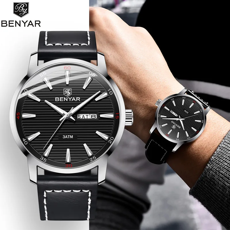 BENYAR Fashion Mens Watches Top Brand Luxury Quartz watch men Sport Waterproof Military WristWatch mens reloj hombre Leather Hot