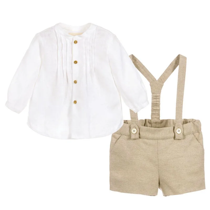 

2019 new white long-sleeved shorts belt strap set spring cotton boy shirt summer fashion casual two-piece clothing