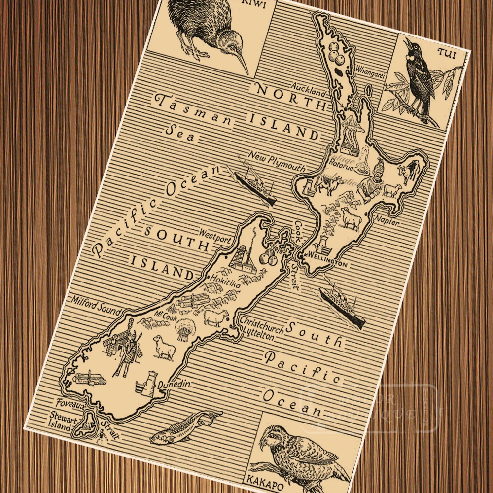 Vintage nz new zealand birds distribution kiwi tui kakapo retro poster
