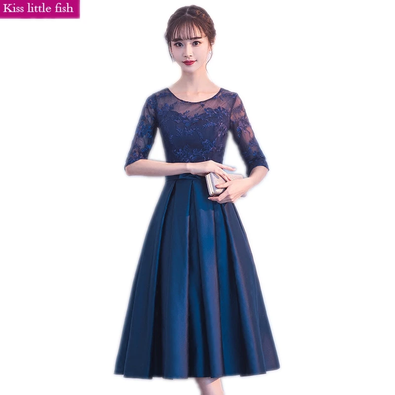 Free shipping Tea Length prom dresses Elegant lace special occasion