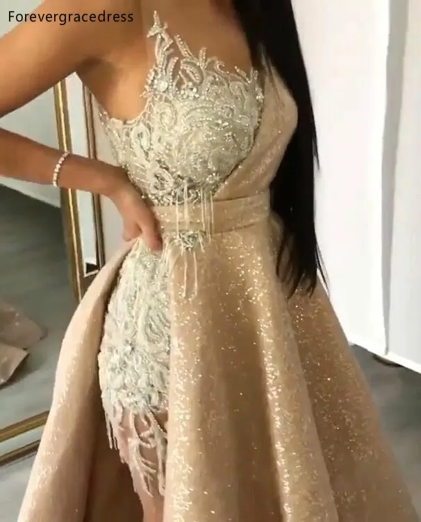 Champagne Evening Prom Dresses With Detachable Skirt Sexy Backless Sheath Cocktail Pageant Gowns Lace Beaded Vesidos Arabic BC0980  268 (7)