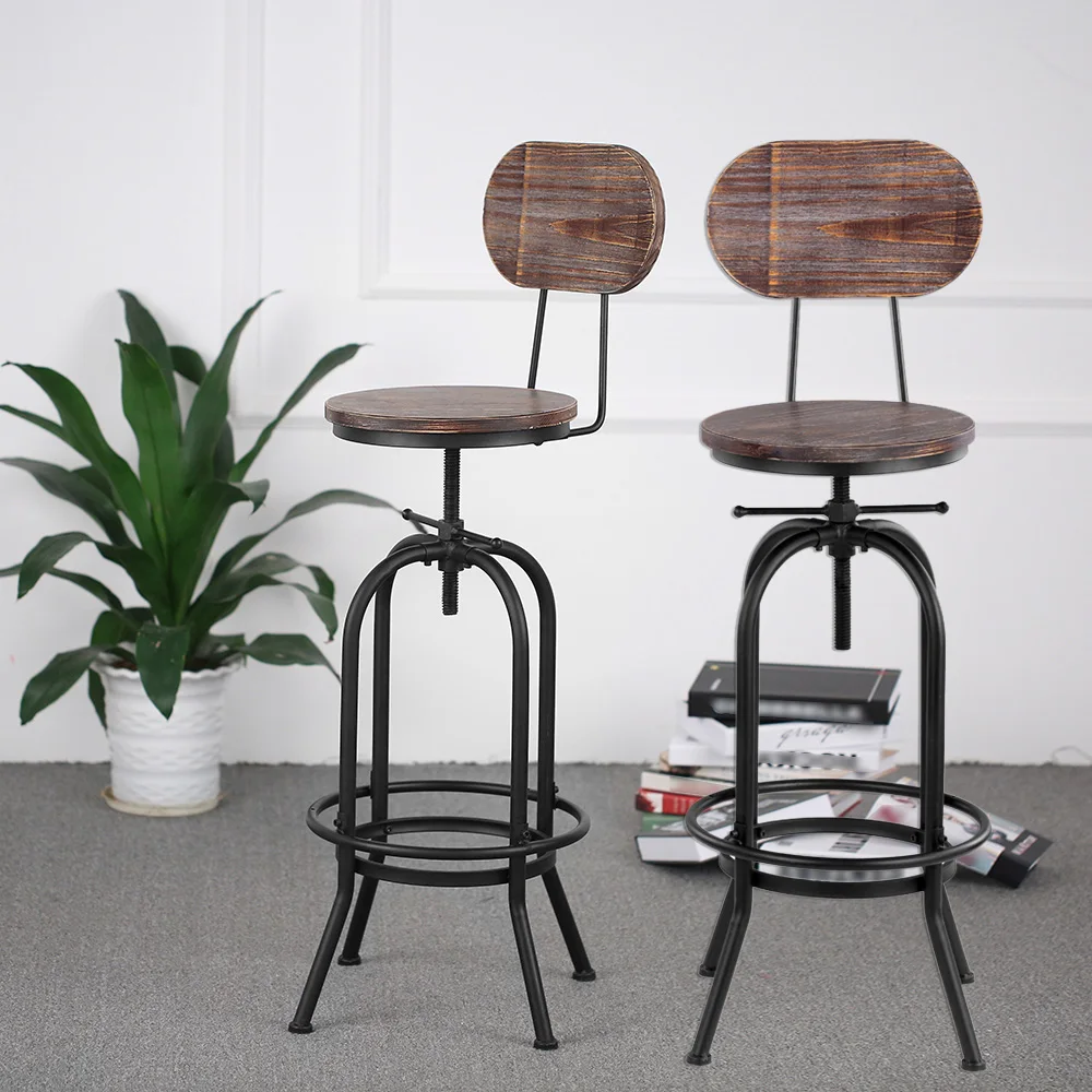 

iKayaa Industrial Style Bar Stool Height Adjustable Swivel Kitchen Chair Pinewood Metal With Backrest Bar Stools US WAREHOUSE