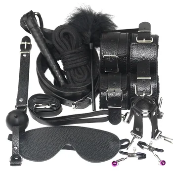 10 Pcs/set Sexy Lingerie PU Leather bdsm Bondage Set Sex Hand Cuffs Footcuff Whip Rope Blindfold Erotic Sex Toys For Couples 3