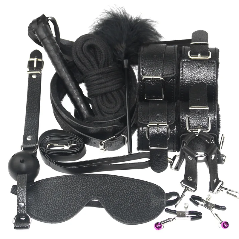 Tanie 10 sztuk zestaw Sexy bielizna PU Leather bdsm zestaw Bondage Sex mankiety ręczne Footcuff Whip Rope Blindfold erotyczne zabawki erotyczne dla par