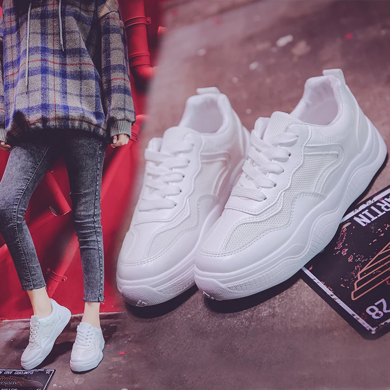 

Liren 2019 Summer New Fashion Casual White Sneakers Women Med Heels Round Wrapped Toe Woman Sneakers for Sport Size 35-40