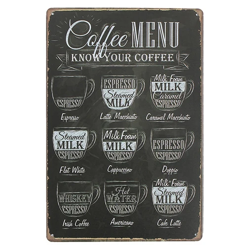 Кофе бар меню Винтаж знак Паб Магазин домашний Декор стены Ретро Металл художественный плакат