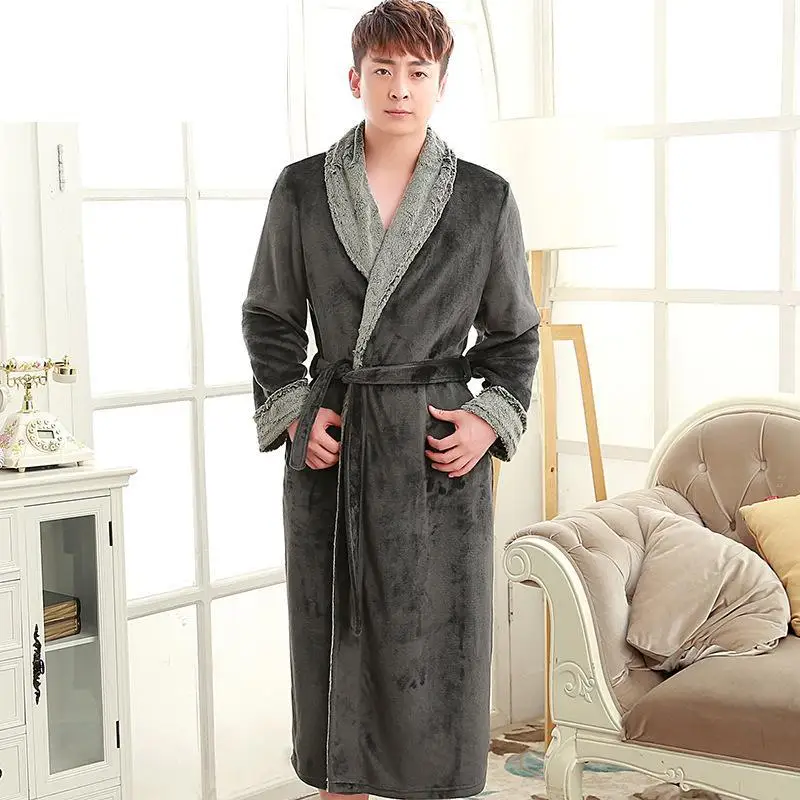 Лидер продаж, теплая одежда для сна для влюбленных, зимний длинный халат, Фланелевое кимоно, банное платье с длинным рукавом, ночная рубашка для женщин и мужчин, ночное платье - Color: Men Black