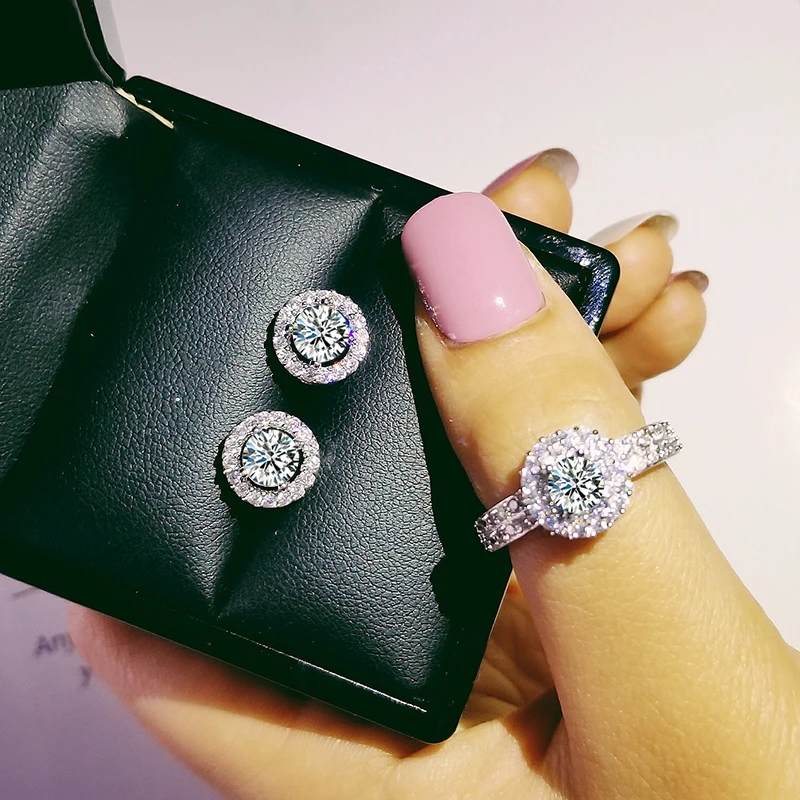 

925 Sterling Silver Jewelry set halo Engagement ring round stud earring for Wedding christmas Valentine's Day gift party J4927