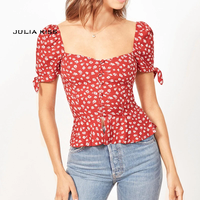 

Women Sweetheart Neck Buttons Though Floral Print Blouse With Sleeve Ties Slight Peplum Floral Print Top