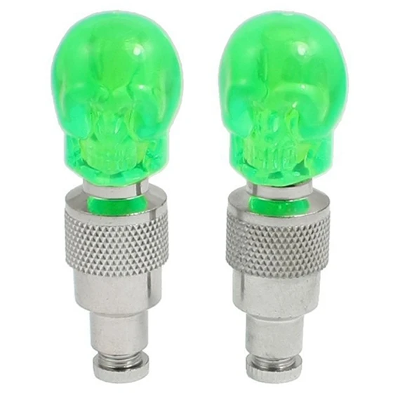 Excellent 2 Pcs Green Plastic Skull Head Blue LED Flashing Lights Valve Sealing Cap for Bicycle Tires 0