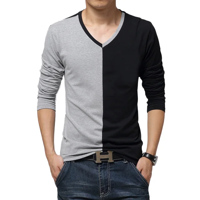 Men T Shirt Black Grey Patchwork T Shirt Men Brand Long Sleeve Autumn T
