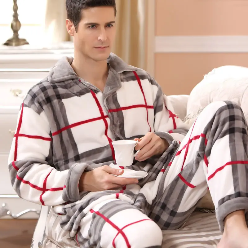 plaid red line SusanDick новые зимние пижамы Для мужчин толстые флисовые пижамные комплекты Роскошные теплые пижамы в клетку костюмы человек Повседневное Домашняя одежда Пижама - Цвет: plaid red line