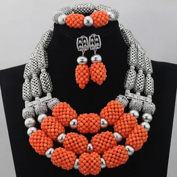

Fashion Exclusive Orange African Coral Bead for Women Costume Party Jewelry Set Sliver Plated Necklace Set Free Shipping ABL771
