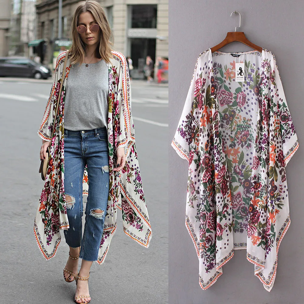 Feitong Boho женский кимоно кардиган летний цветочный принт шифоновый Свободный Длинный Шинель, верхняя одежда, закрывающая рубашка блузка blusas feminina