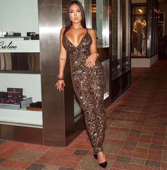 

New Luxury Sexy V Neck Mesh Sequins Women Jumpsuit 2019 Bodycon Designer Party Jumpsuit