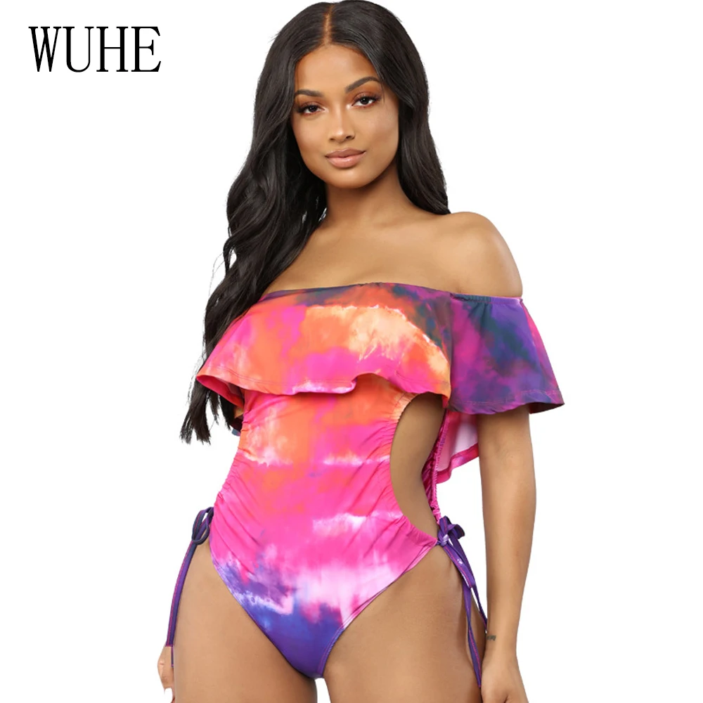 

WUHE Strapless Ruffled Print Bodysuit Women Sexy Lace Up Beach Short Bodycon Off Shoulder Hollow Out Summer Rompers Combinaison