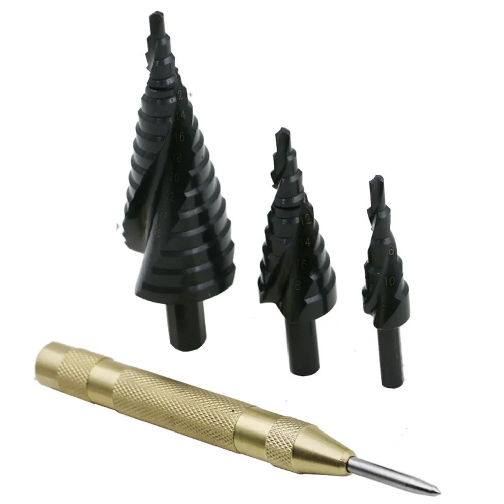 

4pcs / set HSS Step Drill Set 3 pcs Nitriding Spiral Flute Step Drill + a 5 Inch Automatic Center Pin Punch Spring