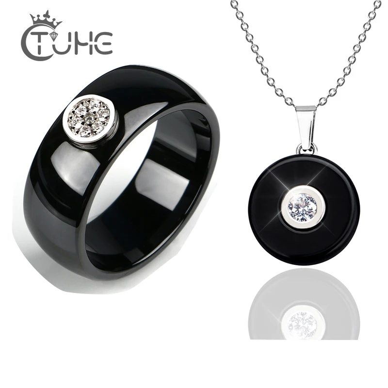 

1.0 Carat Rhinestone Necklace Rings Jewelry Set for female Smooth Healthy Ceramic Jewelry Set Pendant Necklace Ring Wedding Gift