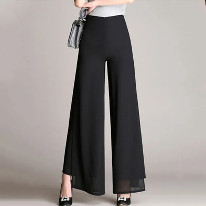 Осенние двухслойные женские брюки размера плюс 4XL с высокой талией, элегантные шифоновые широкие брюки, модные женские брюки для танцев